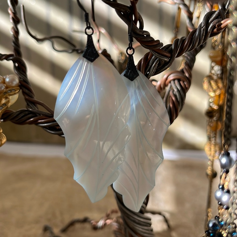 Vintage Light Blue Mother of Pearl Sea Shell Leaf Earrings